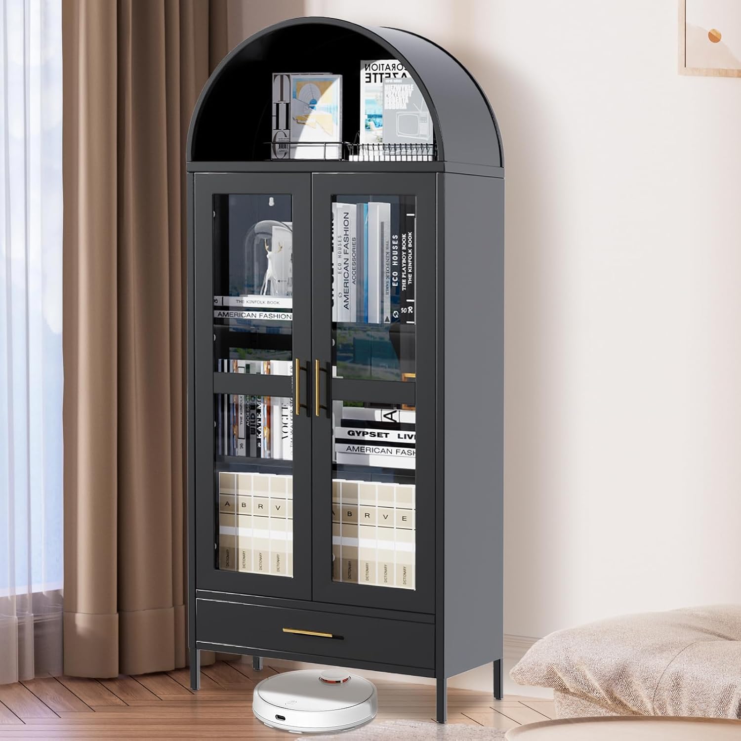 73In Tall Metal Arched Cabinet, Metal Storage Cabinet With 2 Adjustable Shelves & Drawers,Modern Kitchen Pantry With Glass Door,Versatile Cupboard for Living/Dinning Room,Assembly Required Black