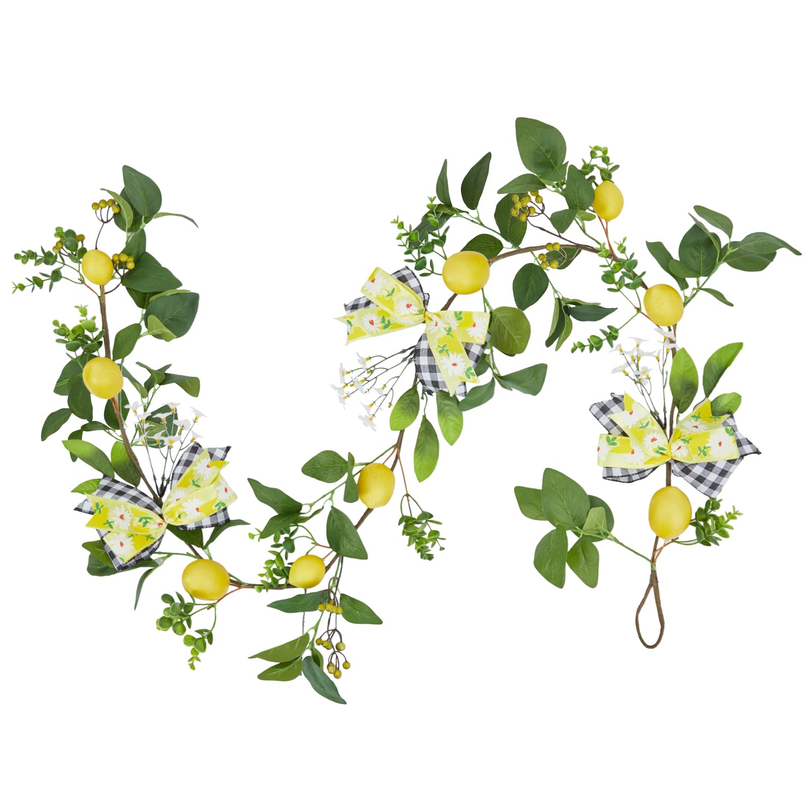 Adeeing 6ft Lemon Garland, Lemon Decor with Lemon Daisies and Plaid Bows, Spring Summer Garland for Front Door Mantle Stair Railing Home Kitchen Wedding Decor
