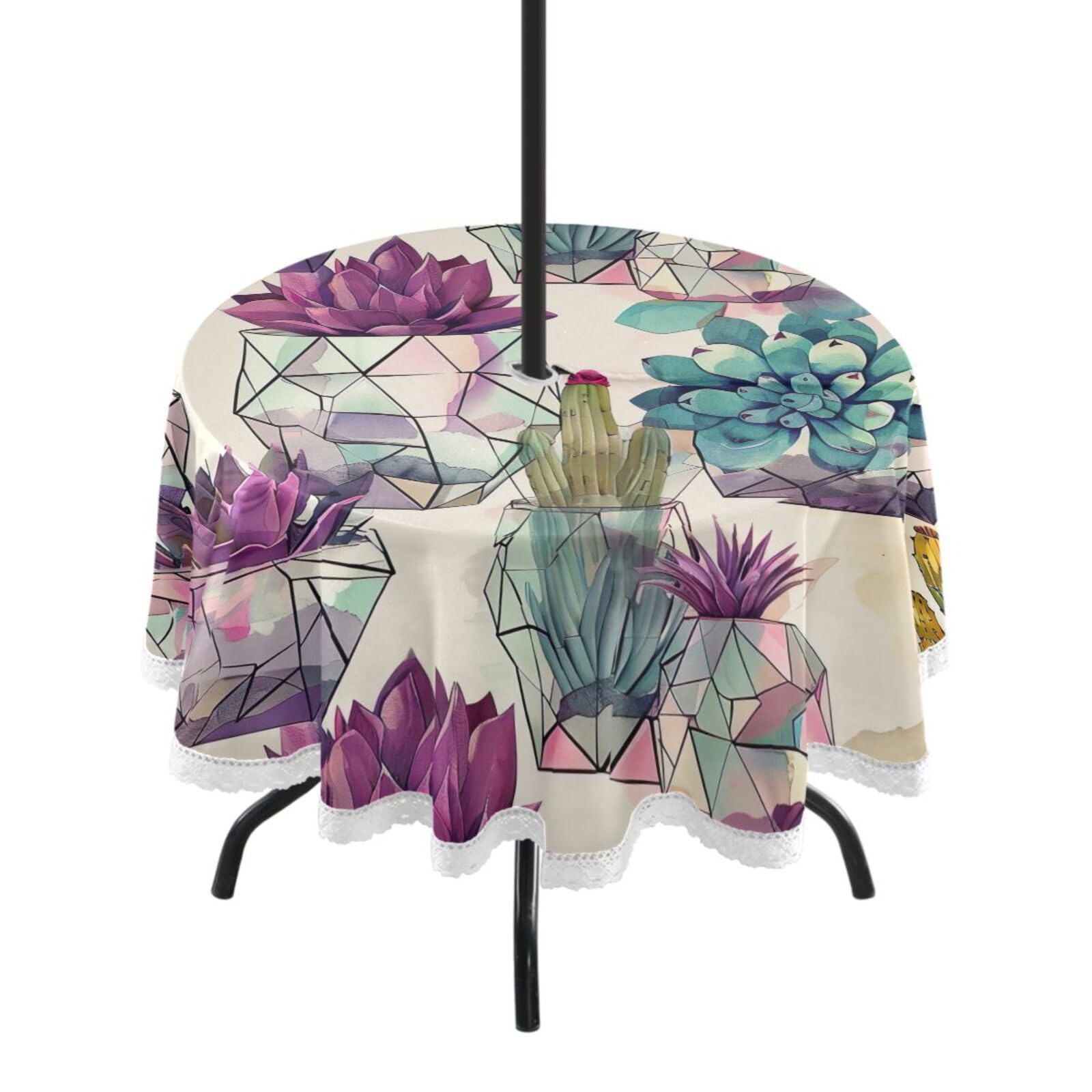 Wajiw 60 Inch Indoor Outdoor Round Tablecloth with Umbrella Hole and Zipper Waterproof Patio Table Cover for Camping Dining Room Party Outdoor Picnic,Cactus