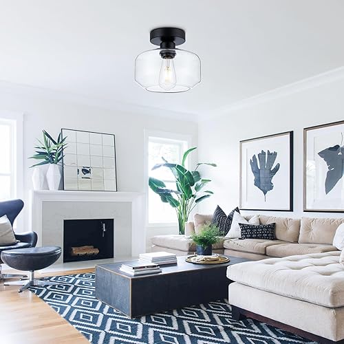 Miniatura 8 de Elegante lámpara de techo semiempotrada con sabor vintage de vidrio transparente con base de metal negro incluida, bombilla LED de 900 lúmenes,