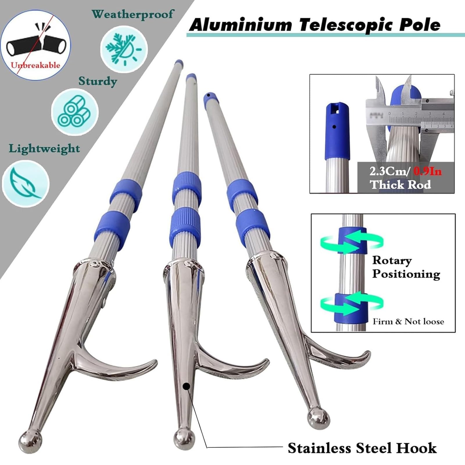 Gancho telescópico de Rescate para Piscinas, Poste de Seguridad portátil de Aluminio para Nadadores Que se están Ahogando, Gancho Multiusos para Barcos con Poste Extensible de 2 m/6,3 pies.