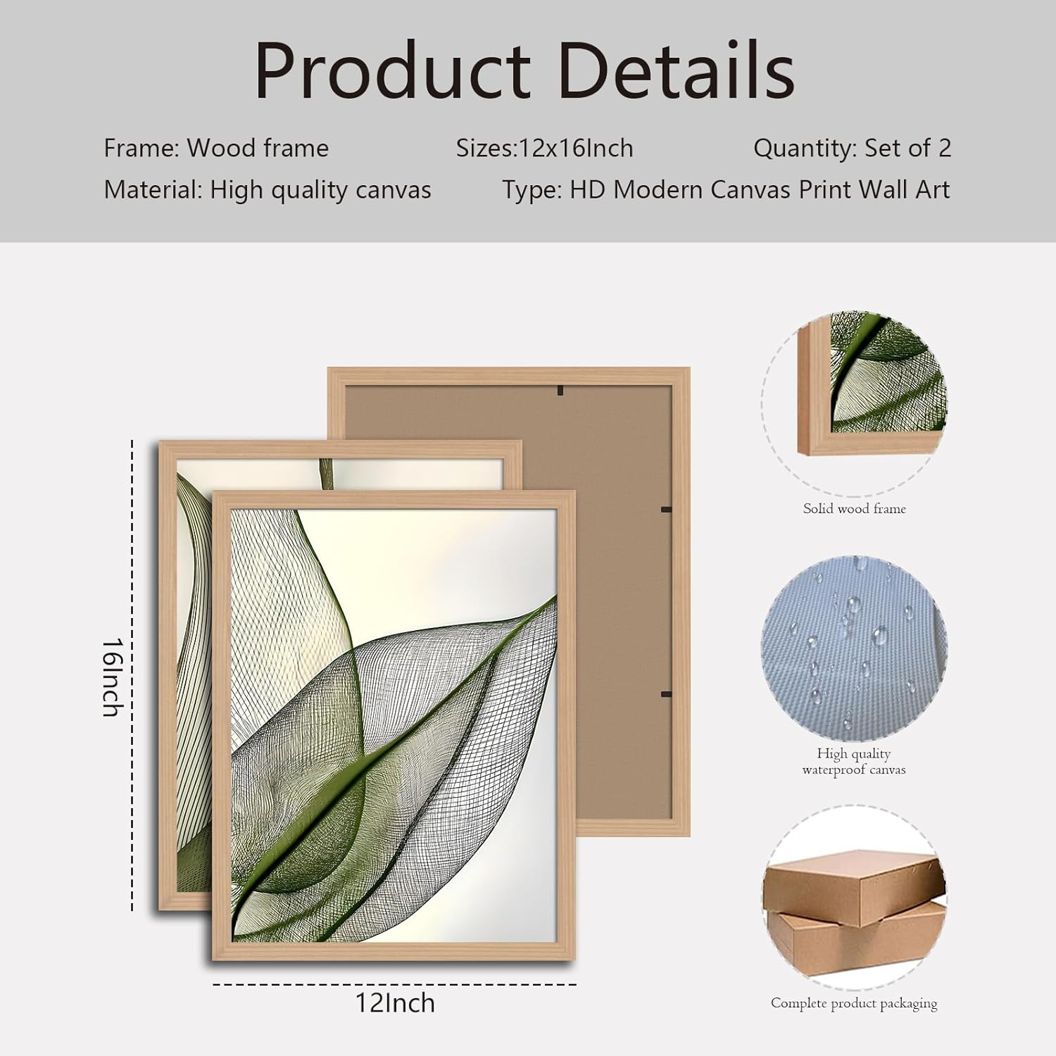 Green Leaf Wall Art Set of 2 with Wooden Frame – Minimalist Botanical Plant Prints, Modern Boho Tropical Leaves Painting, Framed Picture Wall Decor 12x16 Inch