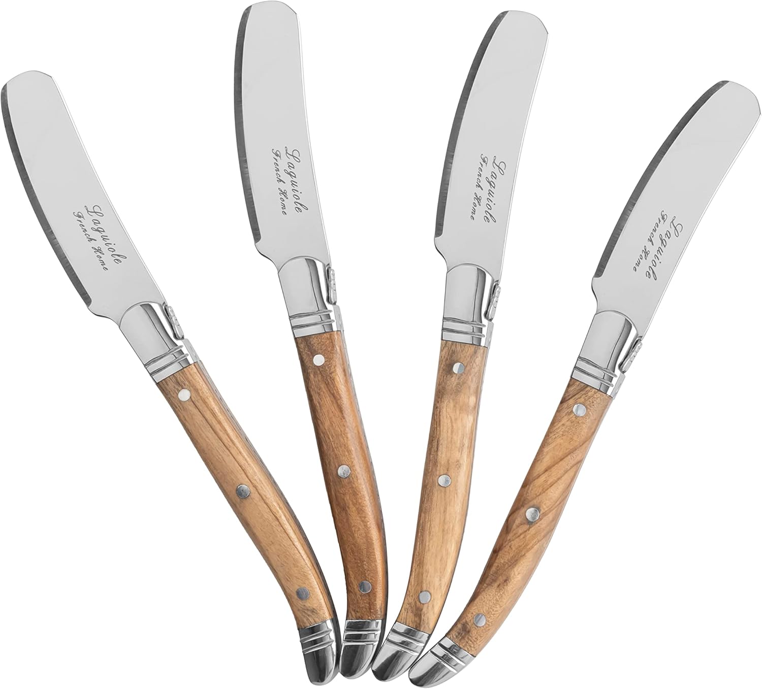 French Home Connoisseur Laguiole 4-Piece Spreader Set – Cream Cheese Spreader Knife set with Three-Rivet Olive Wood Handles and Iconic Bee Emblem - Appetizer Knife Spreaders