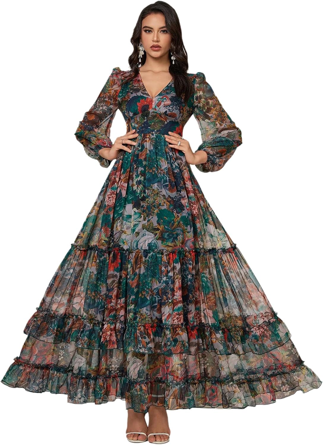 TOLEEN Summer Casual Dresses for Women 2026 Spring Fashion Boho V Neck Long Sleeve Ruffle Floral Print Elegant Maxi Dress