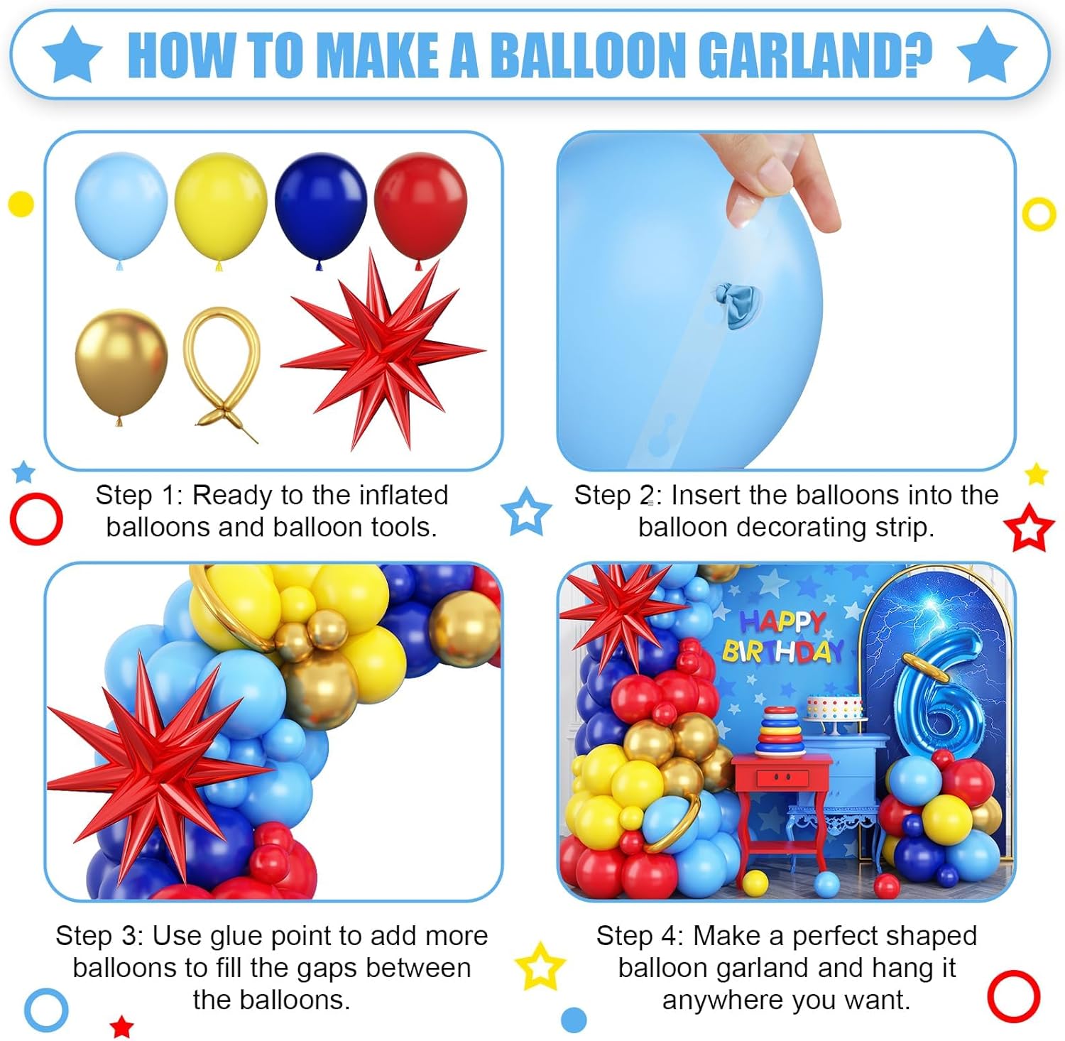 Red Blue Yellow 6th Birthday Balloons Arch, Royal Blue Metallic Gold Balloon Garland Kit, Red Star Foil Blue Number 6 Balloon Tower for 6 Year Old Kids Boys Birthday Baby Shower Party Decorations - Image 8