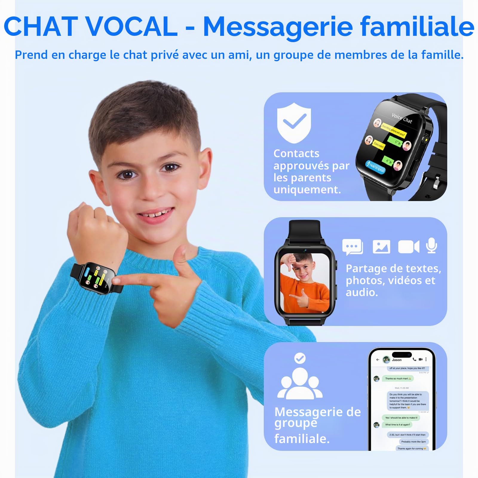 Montre Connectée Enfant GPS, 4G Montre GPS Enfant pour Garçons Filles | Chat Familia,SOS,Mode Classe,Appels Vidéo,Chat Vocal,Téléphone,Podomètre, IP68 Étanche