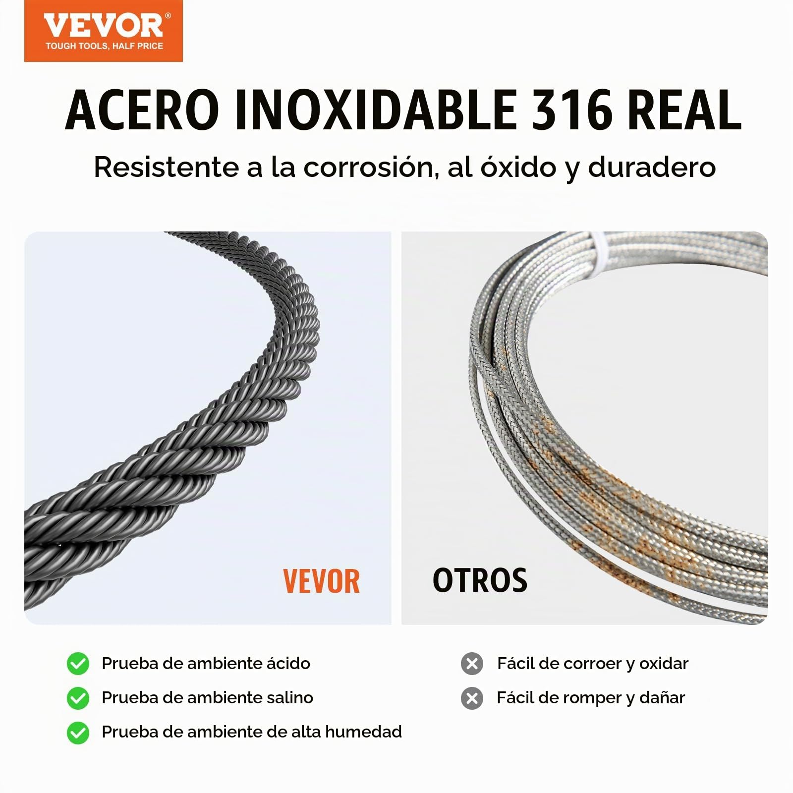 VEVOR Kit de Cables de Alambre de 3,18 mm Cable de Acero Inoxidable 316 de 152,4 m con Cortador y Guantes, Resistencia a la Rotura de 7,1 kN, 7 x 7 Hebras, Cables de Grado de Aeronáutico, Negro