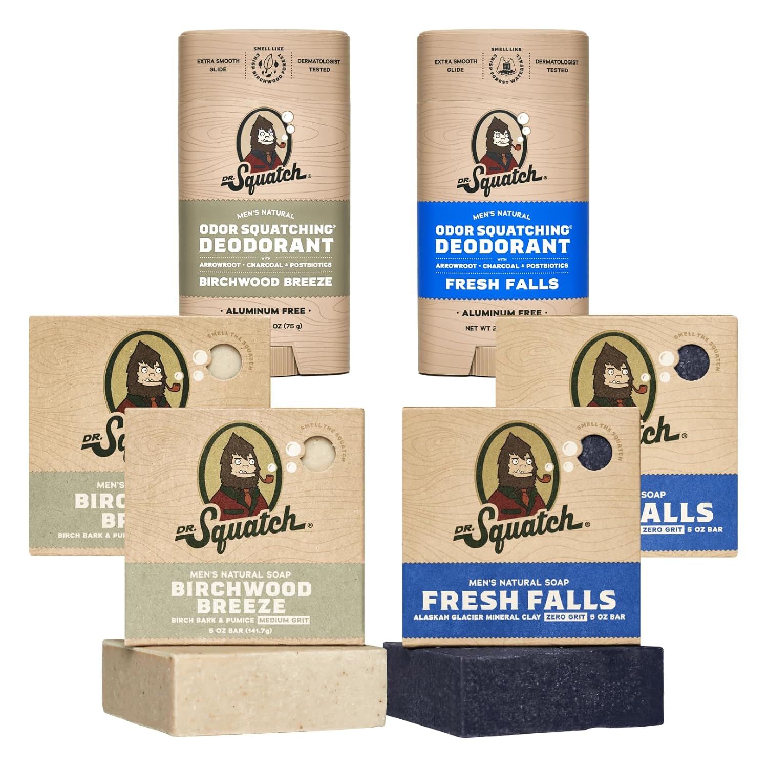 Dr. Squatch Manly Soap and Deodorant Variety Pack - Handmade with Organic Oils, Aluminum-Free - Birchwood Breeze and Fresh Falls