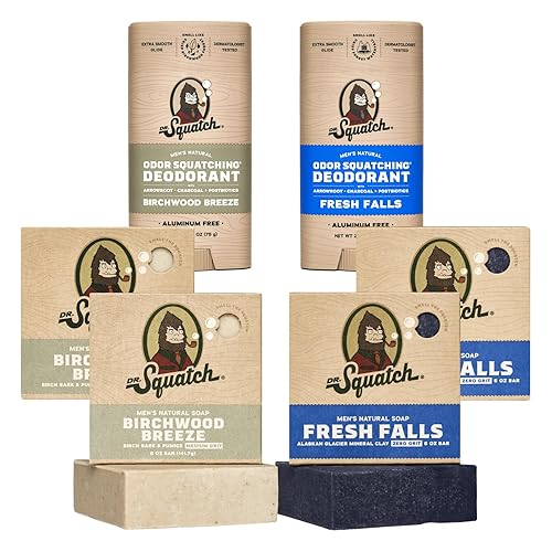 Dr. Squatch Paquete variado de jabón y desodorante varonil, hecho a mano con aceites orgánicos, sin aluminio, brisa de madera de abedul y cascadas
