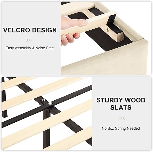 Miniatura 37 de VECELO Base de cama tapizada tamaño Queen con cabecera de tela, soporte de listones de madera, no necesita somier, base de colchón, fácil montaje,