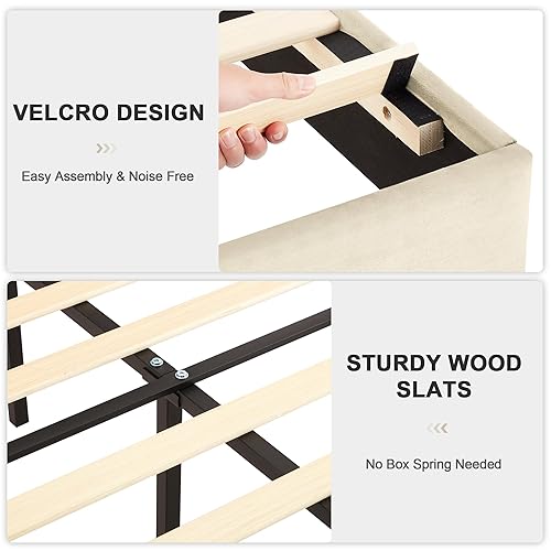 Miniatura 7 de VECELO Base de cama tamaño matrimonial tapizada con cabecera de tela, soporte de listones de madera, no necesita somier, base de colchón, color beige