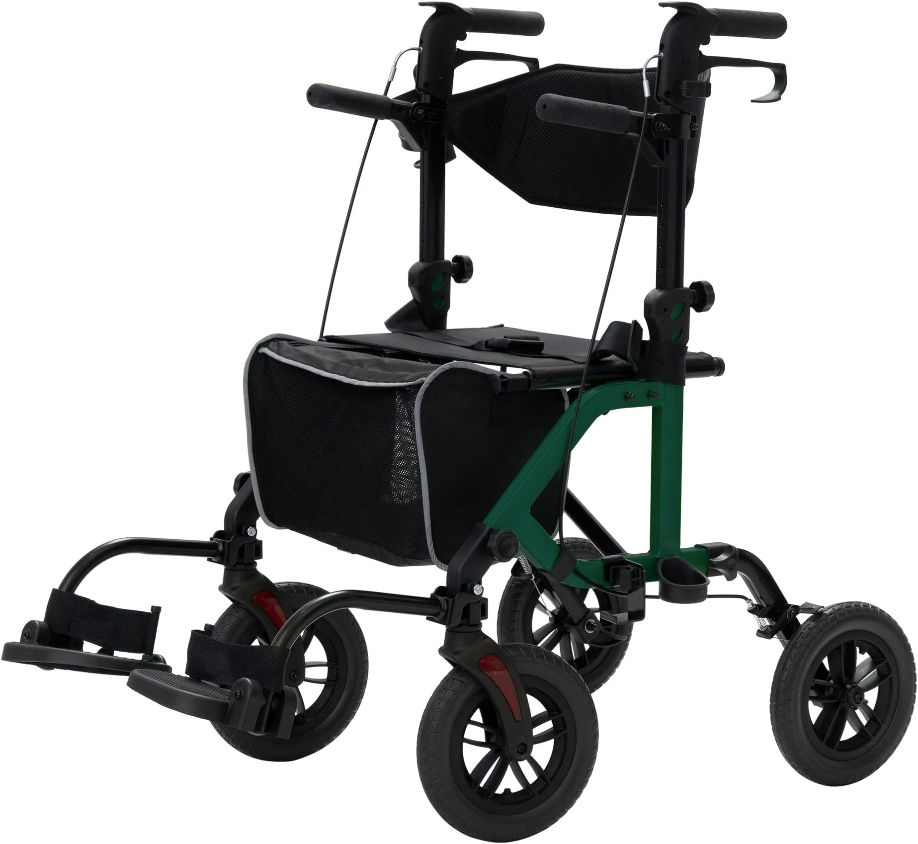 ELENKER オールテレイン 2イン1 ローラーウォーカー&トランスポートチェア 折りたたみ車椅子 10インチ 非空気圧ホイール付き 高齢者向け リバーシブル背もたれ 取り外し可能なフットレスト グリーン