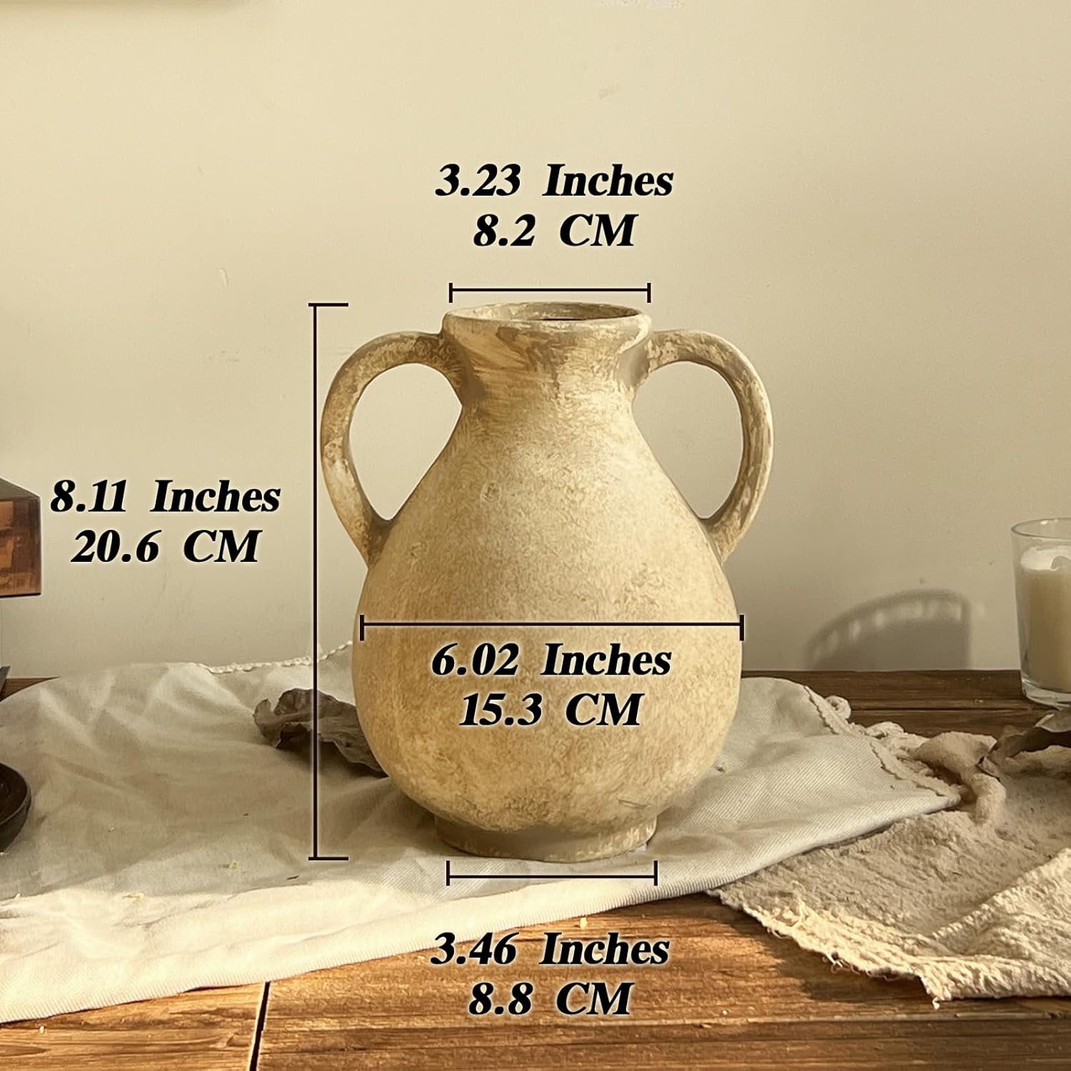 Rustic Ceramic Vase with 2 Handles, Beige Farmhouse Flower Vase for Home Decor, Vintage Terracotta Table Centerpieces, Dining Room Decor, Living Room Mantel Decoration, 8.11 Inch - Image 2