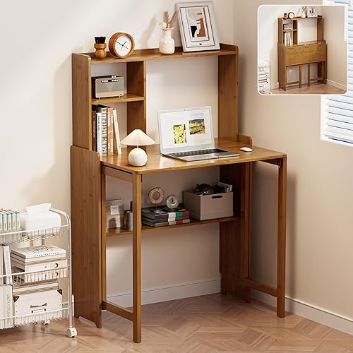 Bamboo Folding Desk for Small Spaces with Storage, Mid Century