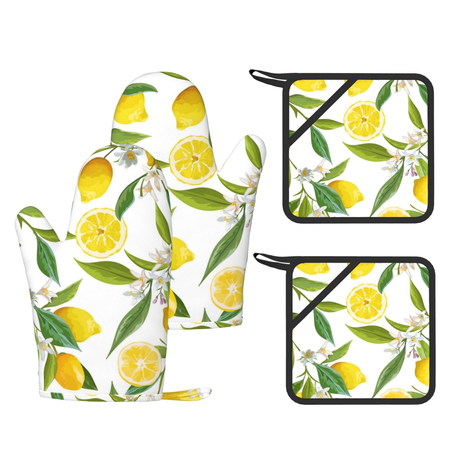 Citron Fruit Florals,Gants de Cuisine et maniques (Lot de 4), antidérapants Gants de Four résistants à la Chaleur
