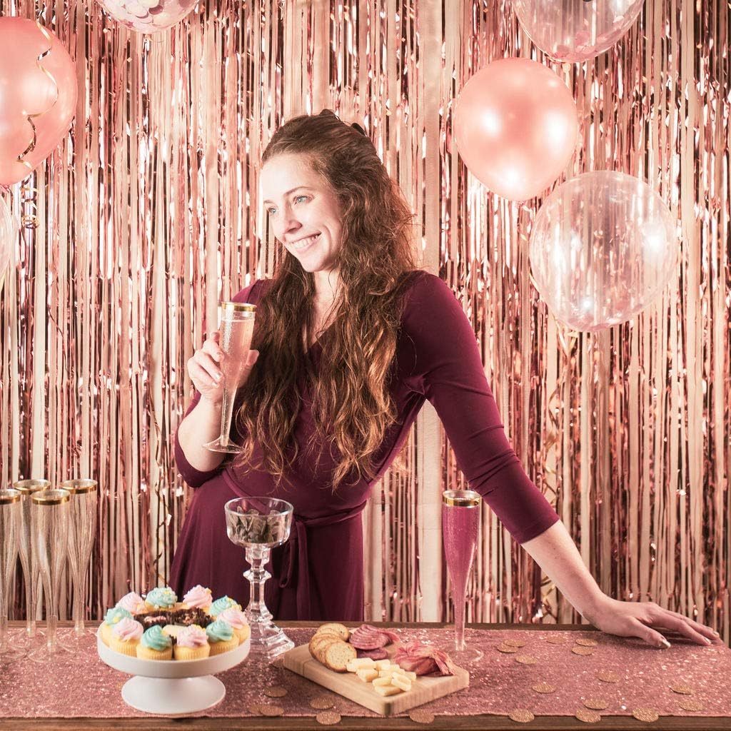 Rose Gold Party Decorations Supply Kit- Package Includes 12 Rose Gold and 24 Confetti Balloons, 2 Foil Fringes, 3 Ribbons,1 Table Runner and 1 Confetti Bag- 43pcs Party Decor