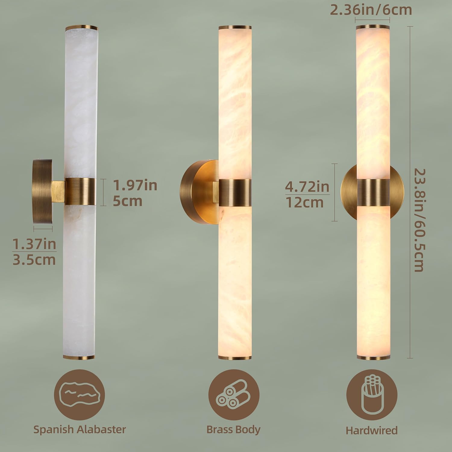 23.8in Gold Alabaster Wall Sconces Set of 2, Modern Brass Bathroom Sconce Light, Spanish Marble Wall Lamp, Hardwired LED Wall Lighting for Bedroom Living Room Staircase Hallway Dining Room