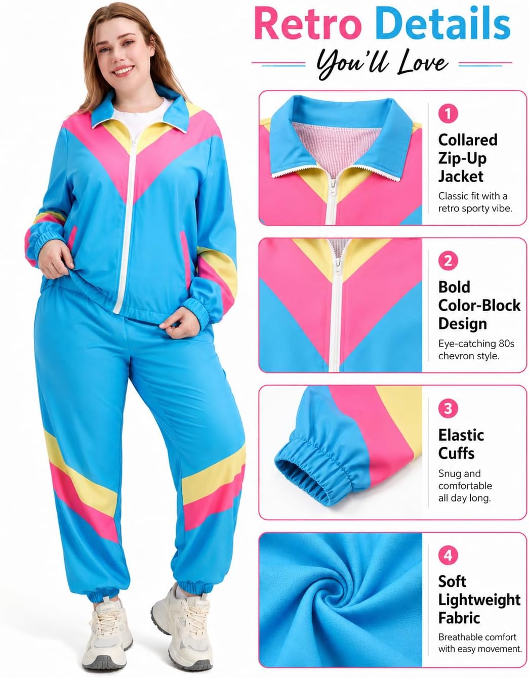 Owurha Plus Size 80s 90s Outfit for Women, Retro Tracksuit Set, 2 Piece Windbreaker Jacket Pants, XL-5XL