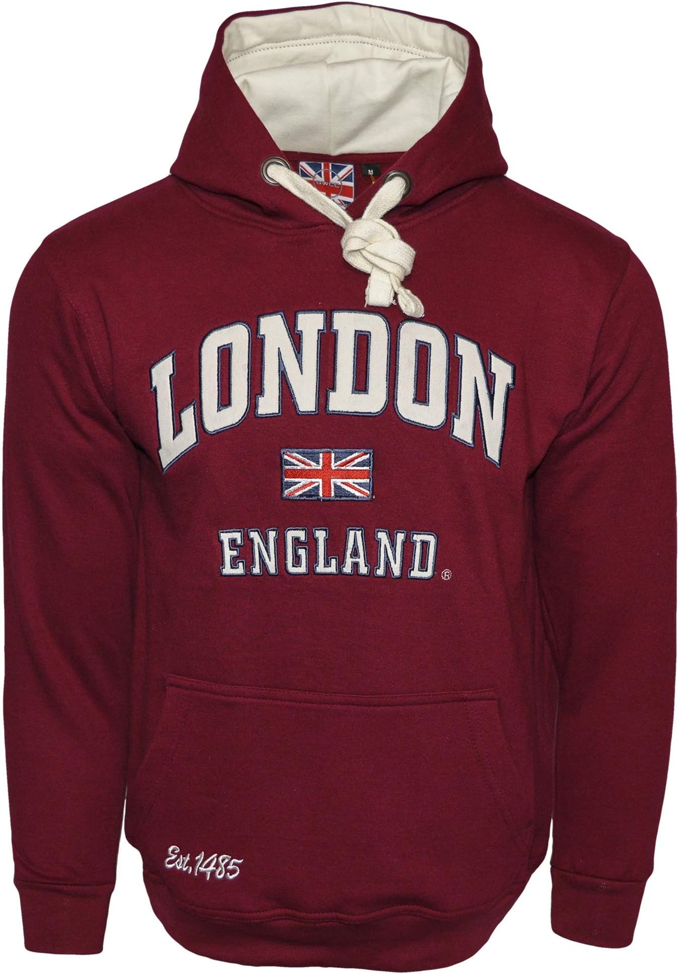 LE129MOW Unisex London England Hoodie Hooded Sweatshirt Maroon Off White XS-2XL, Maroon, XL