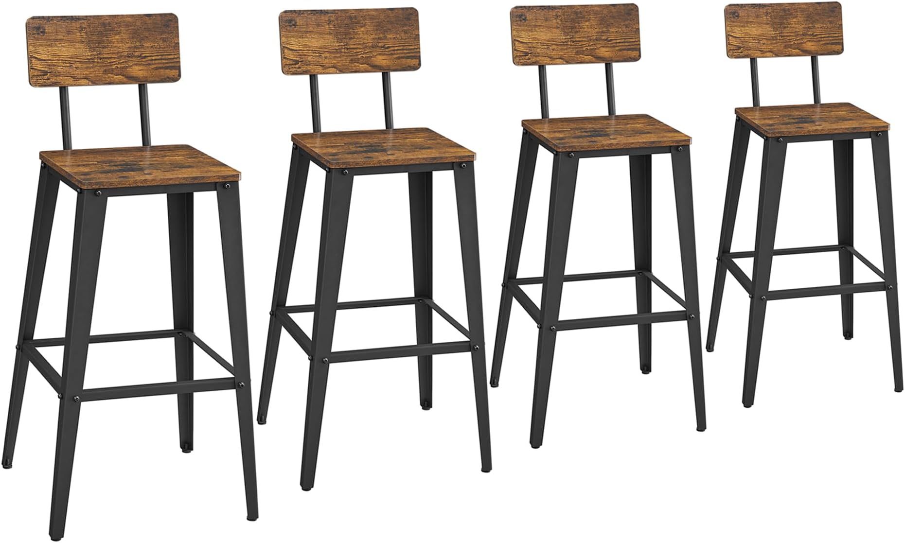 VASAGLE Set of 4 Bar Stools, Bar Height Stools, Tall Bar Stools with Back, Bar Chairs, Steel Frame, Industrial Style, Easy Assembly, Rustic Brown and Ink Black ULBC278B01