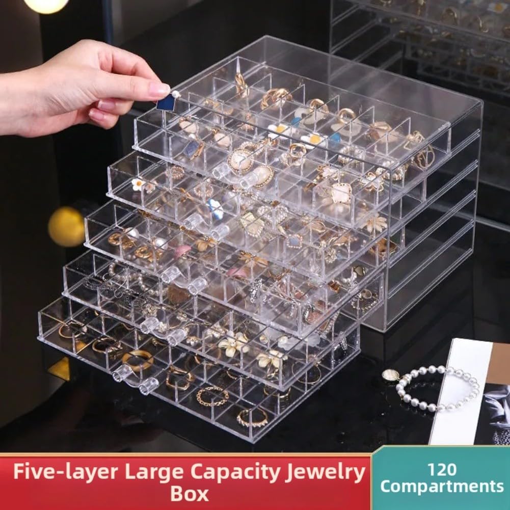 Transparente Acryl-Schmuckschatulle mit 5 Schubladen, 120 Fächern, für Armbänder, Halsketten, Ohrringe, Ringe – leichtgängige Schubladen