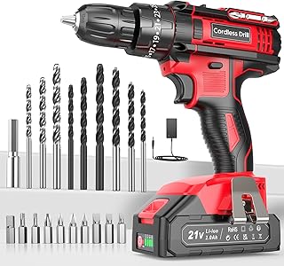 Cordless Drill Driver 21V, Cordless Hammer Drill with Battery 2000mAh, 25+3 Torque, 42N.m Max, 22PCS Accessories, 2 Speed, LED Light