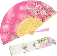 Vista 9 de OMyTea Abanico plegable de mano para mujeres, estilo retro vintage chino/japonés, con una funda de tela para protección (Little Sakura)