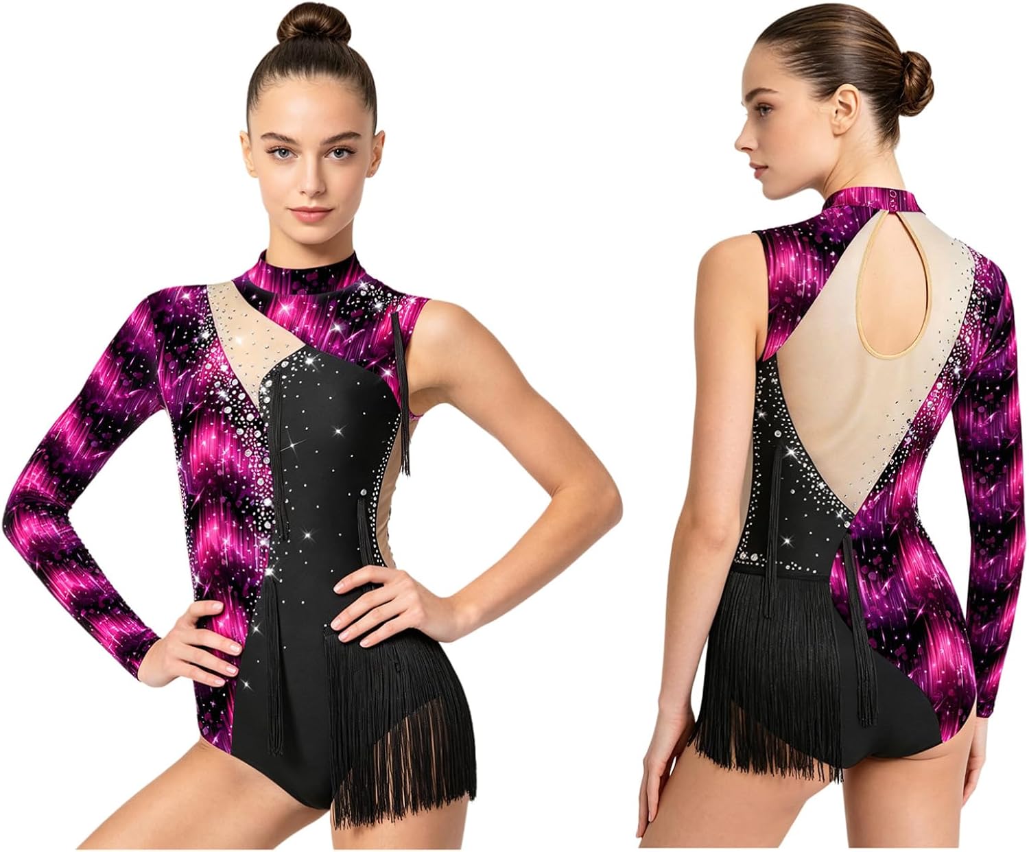 Women Gymnastics Dance Leotard Jazz Latin Dance Bodysuit Single Sleeve Printed Figure Skating Costume