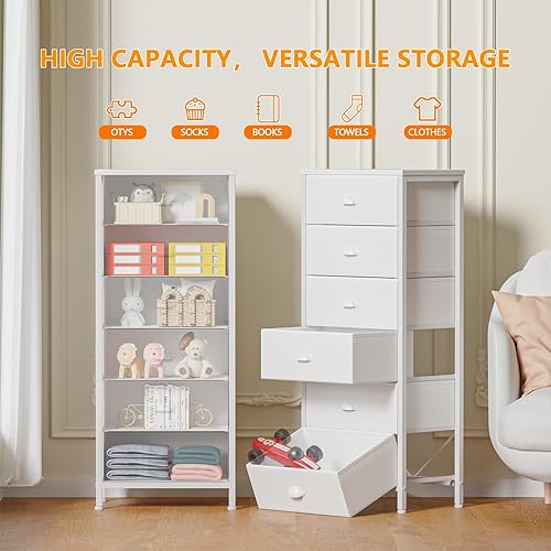 Miniatura 5 de Furnulem Cómoda alta blanca para dormitorio, torre de almacenamiento vertical y mesa auxiliar con 6 cajones, muebles de mesita de noche con