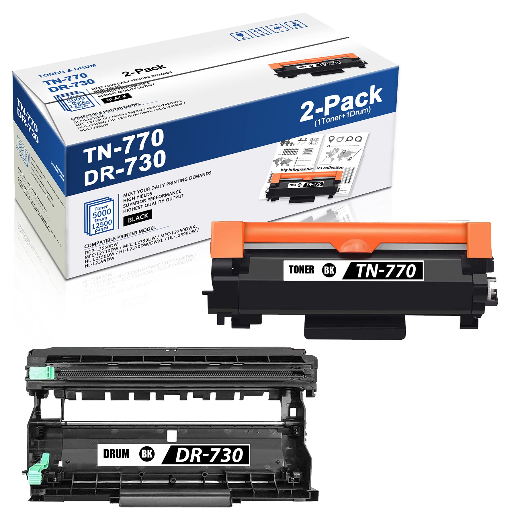 2 Pack(1 Toner+1 Drum) Compatible TN770 High Yield Toner Cartridge DR730 Drum Unit Replacement for B