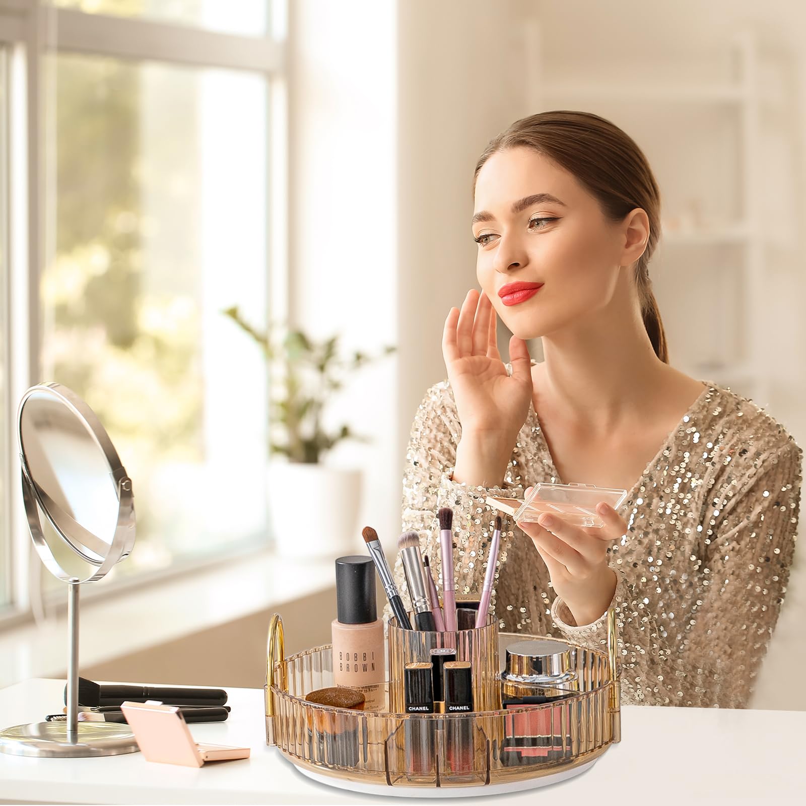 Oifecsie Obrotowy organizer do makijażu o 360°, duża pojemność, pielęgnacja skóry, organizer na perfumy, organizer na kosmetyki z uchwytem na pędzle, pasuje do blatu z półką na toaletkę, honorowe