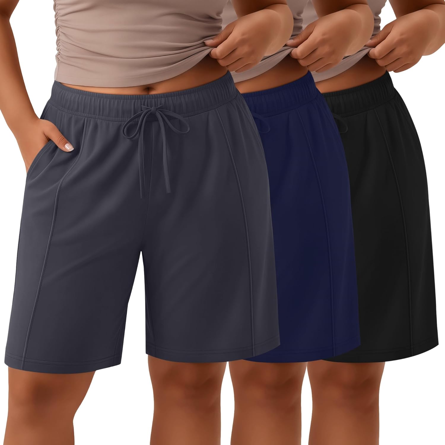 3 Pack Women's Plus Size Bermuda Shorts Wide Leg Elastic Drawstring Athletic Shorts Yoga Pants with Pockets