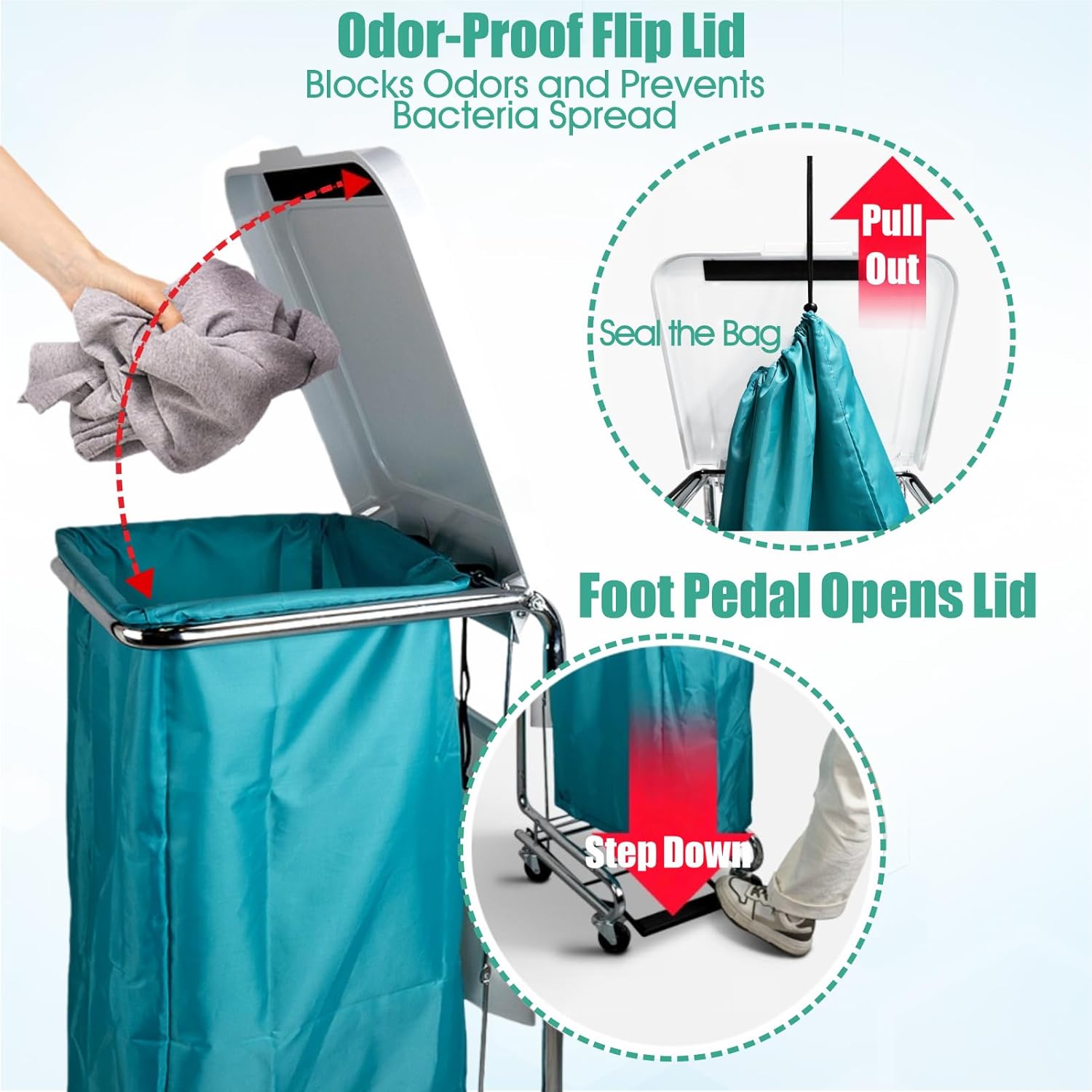 Nurse Laundry Cart – Stainless Steel Frame Utility Cart Without Bag, Rolling Hamper for Clinics, Nursing Homes, and Workplaces (Silvery Car - Green Bag)