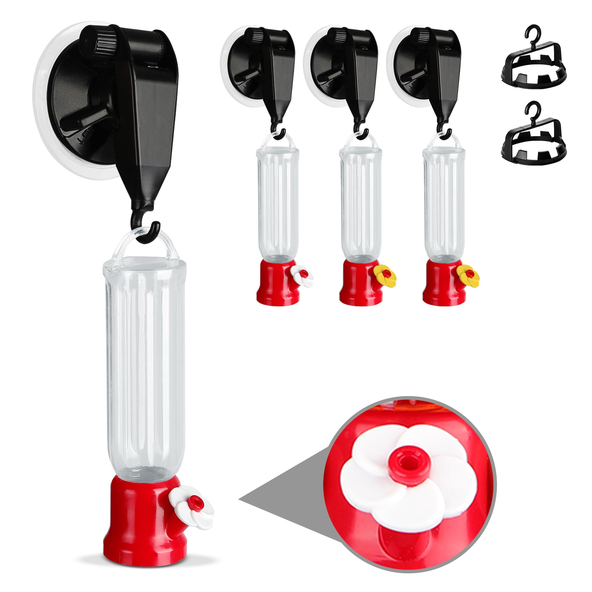ORIENTOOLS Hummingbird Feeder with Window Hanger- 4pcs Window Bird Feeder, 2.2 oz/Pc Mini Hanging Flower Bird Feeders for Suction Cup