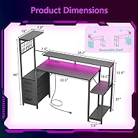 Vista 3 de Escritorio para juegos de 48 pulgadas con luces LED y tomas de corriente, escritorio para computadora con cajones de tela y gancho lateral, mesa