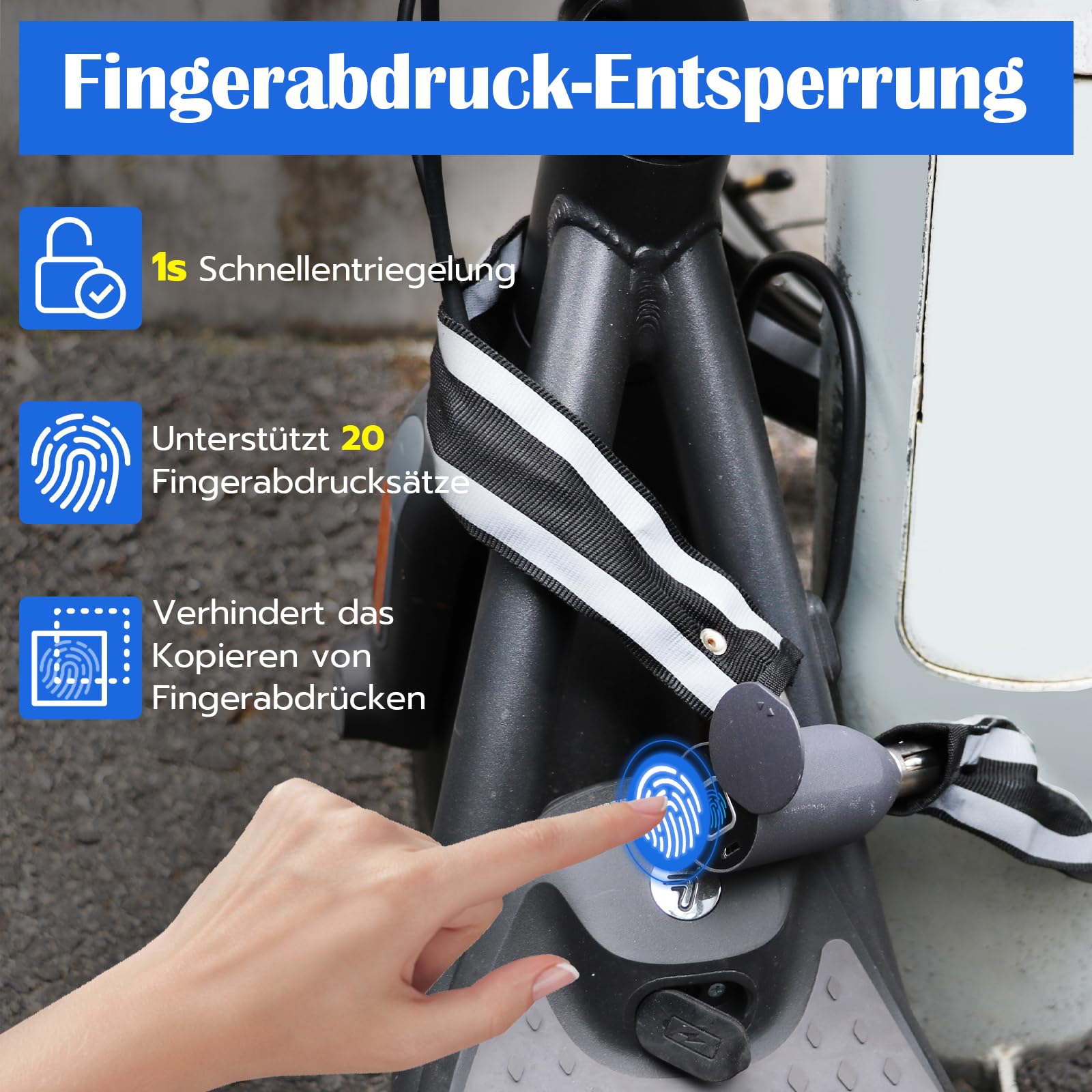 Anweller Lucchetto per bicicletta con impronte digitali, ad alta sicurezza, antifurto, con app, maglie in acciaio temprato, 6 mm x 100 cm, cavo impermeabile