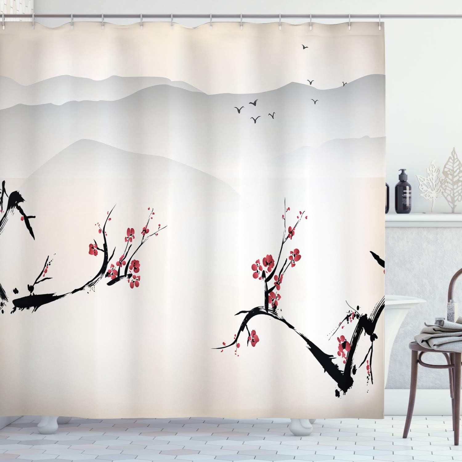 Ambesonne East Shower Curtain, Japanese Nature Landscape National Sakura Flower Over Himalayas and Flying Gulls, Cloth Fabric Bathroom Decor Set with Hooks, 69" W x 75" L, Beige Red Black