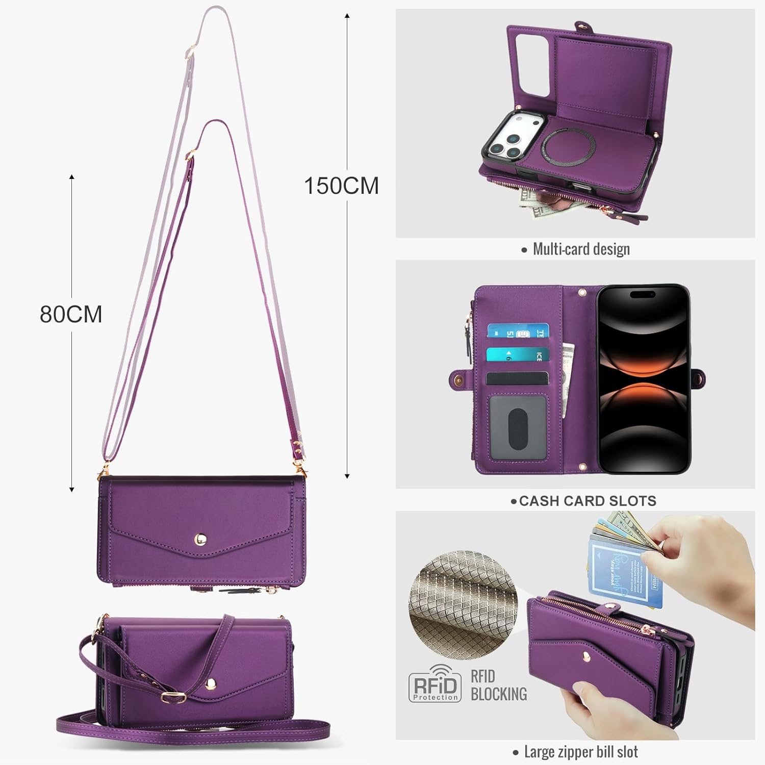Phone Case for iPhone 17 Pro 6.3 inch 2025 Wallet Cover Compatible with Magsafe RFID Screen Protector Crossbody Lanyard Strap Flip Card Holder Slot Zipper Cell Purse i Phone17 i17 17Pro Dark Purple