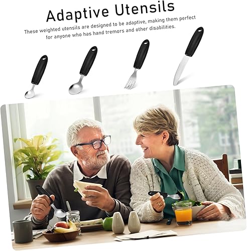 Miniatura 5 de LIFKOME Utensilios adaptables para ancianos, cucharas y tenedores con mango ponderado para temblores, vajilla antideslizante para personas mayores