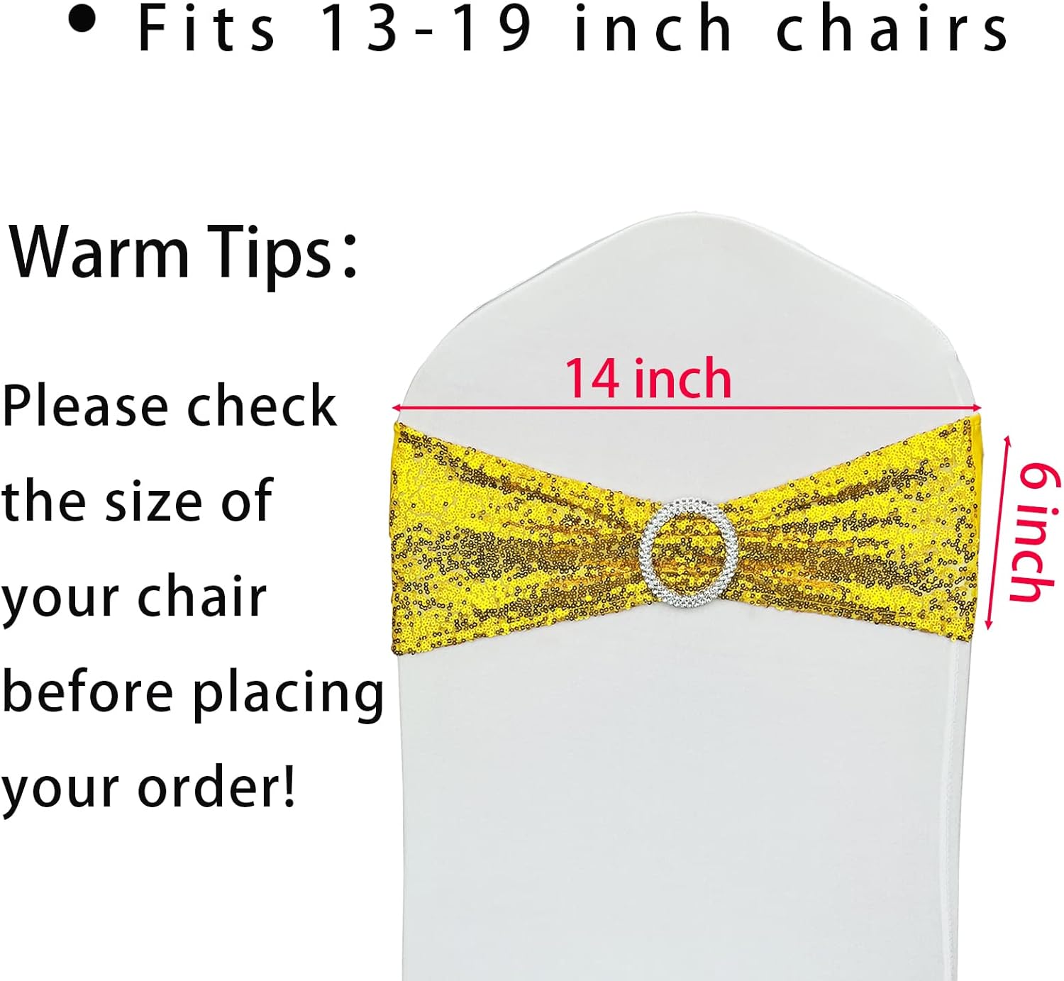 Sequin Chair Sashes 50 Pack - High Elasticity Spandex Stretch Chair Bows with Buckle for Wedding, Party, Banquet Decor Shimmering Elastic Bands for Folding & Dining Chairs, Gold