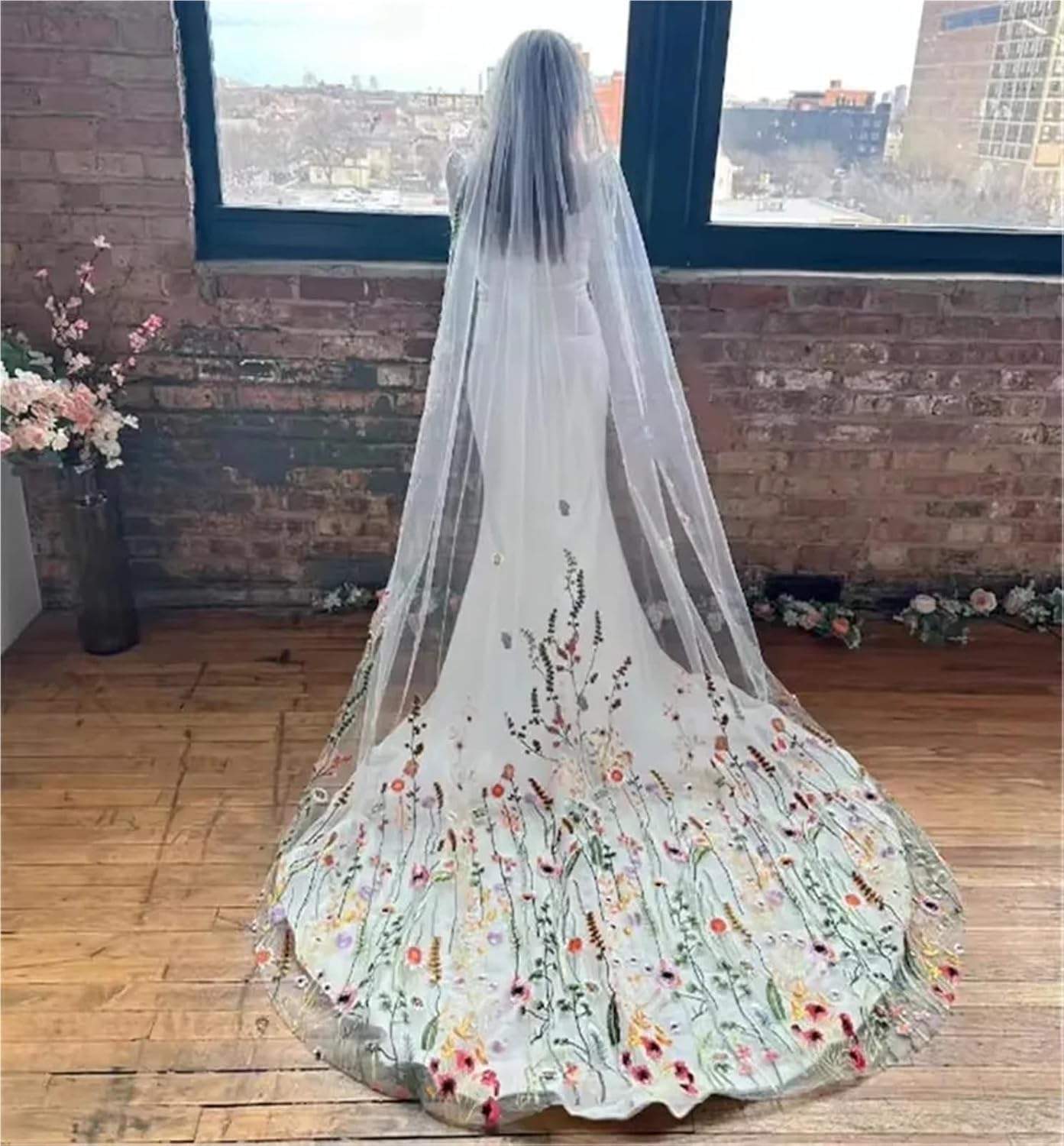 Colorful Floral Cathedral Bridal Veil - 1-Layer Wedding Veil with Comb, Secret Garden Style