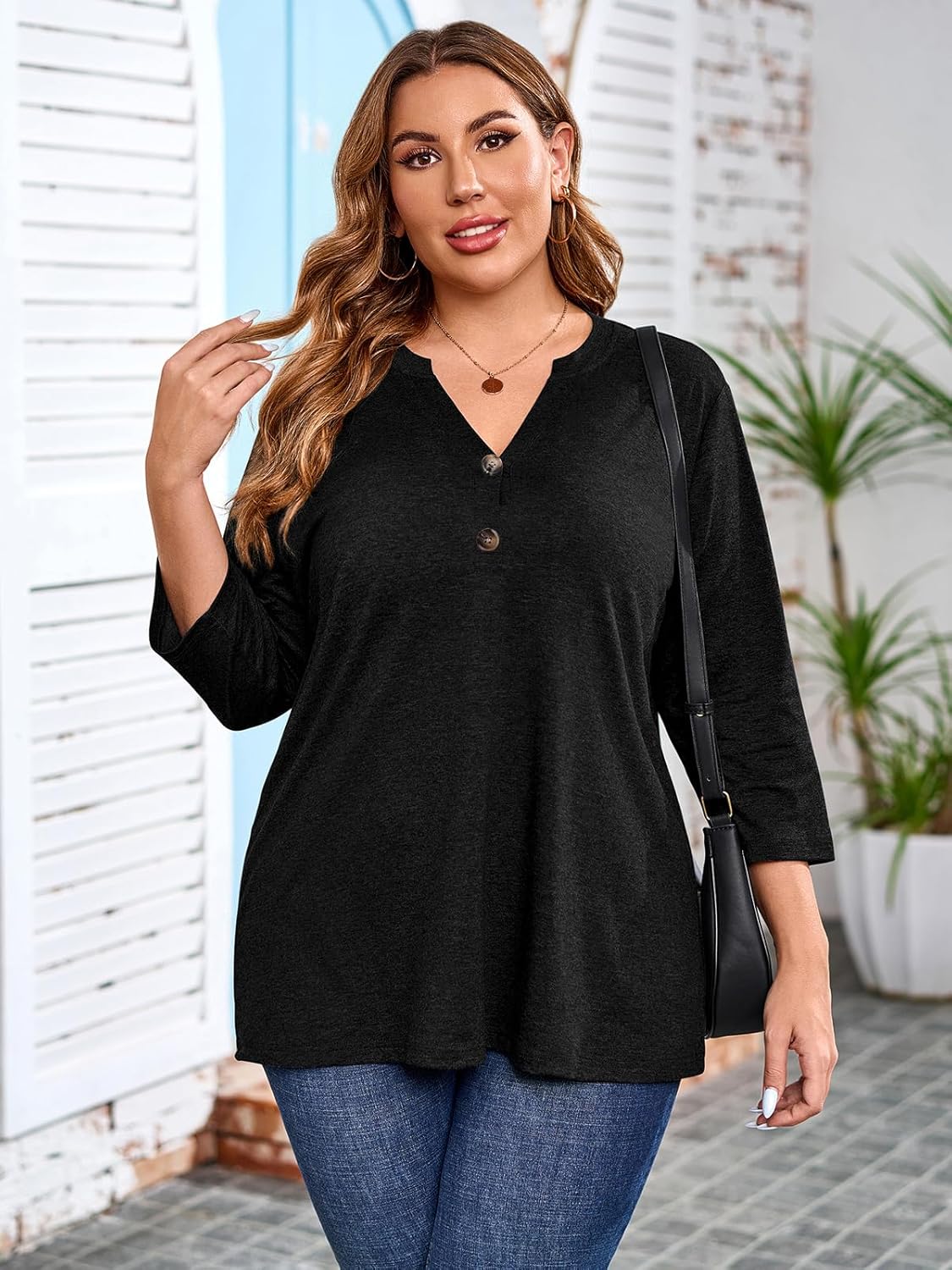 Chulianyouhuo Womens Plus Size 3/4 Sleeve Tops Casual V Neck Button Tee Shirts Basic Loose Fit Tunic Blouse - Image 2