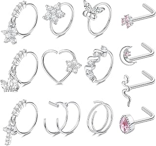 20G Nose Rings Studs Nose Rings for Women Surgical Steel Dangle Nose Rings Hoops L Shaped Nose Studs Hypoallergenic Heart Flower Moon Butterfly Snake Nostril Nose Piercing Jewelry