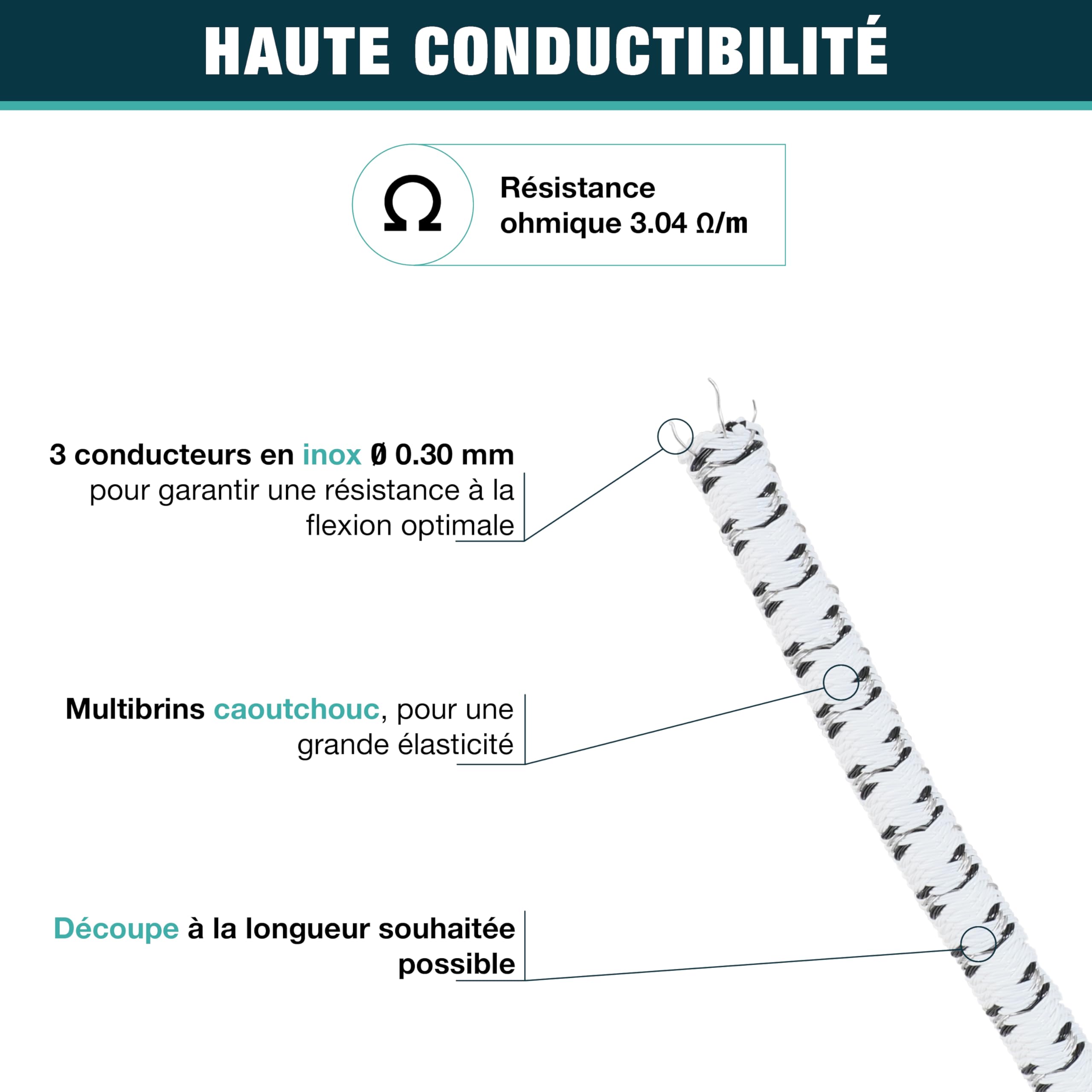 Câble élastique éléctrique 25 m - Très extensible - Résistant aux UV - 8 mm - Idéal pour ouvertures, séparations, paddocks