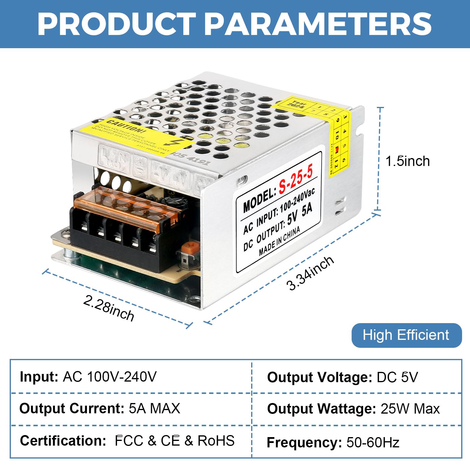Fuente de alimentación de 5 V 5 A CC 100-240 V CA a CC 5 voltios, 5 amperios, 25 W, adaptador de corriente universal de conmutación regulada, adaptador CA/CC, transformador, controlador LED para