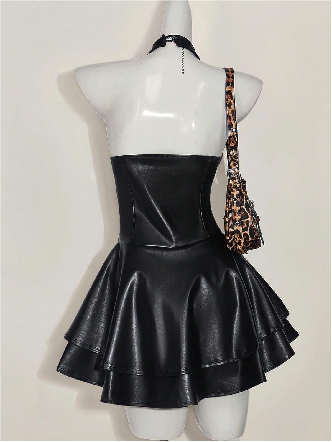 WDIRARA Women's PU Leather Lace Up Mini Halter Dress Sexy Punk Sleeveless Ruffle Layered A Line Dresses - Image 3
