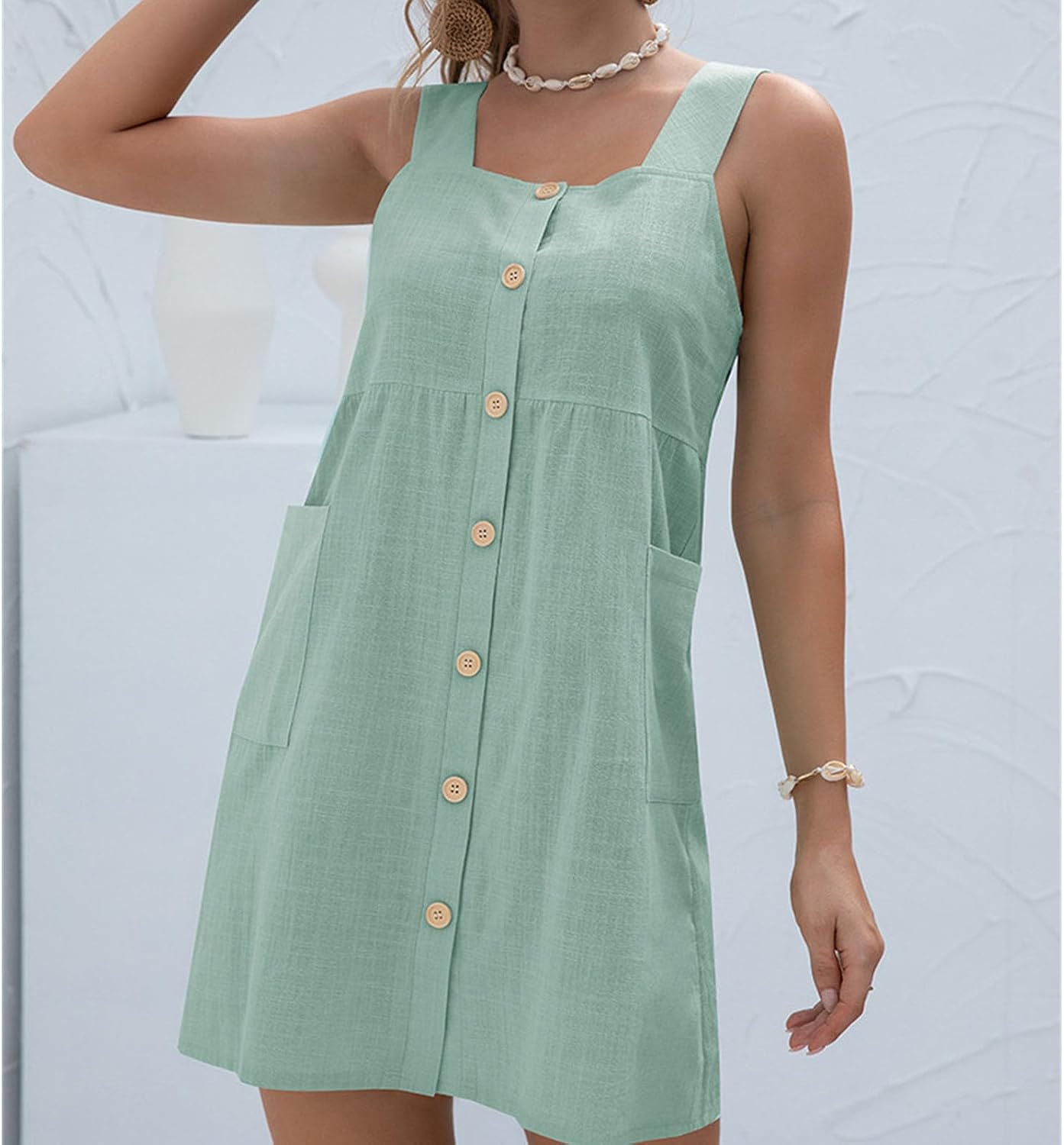 Women Spaghetti Strap Button Down V Neck Sleeveless Casual Mini Dress Strappy Swing A Line Shot Dresses