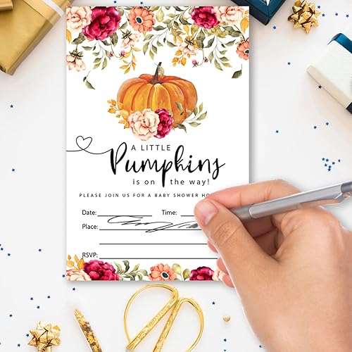 Miniatura 5 de Paquete de 20 invitaciones de fiesta de calabaza pequeña con sobres, un tema de calabaza está en camino, tarjeta de invitaciones para suministros de