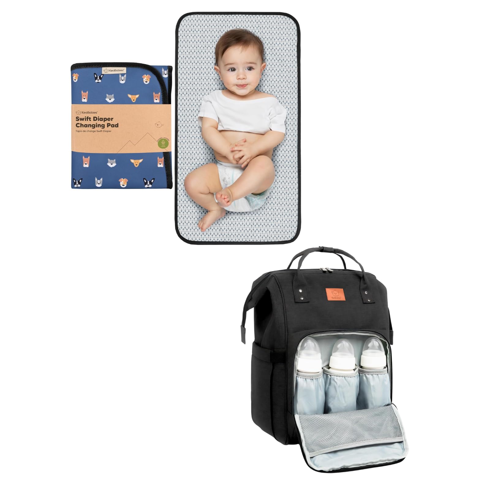KeaBabies Portable Diaper Changing Pad and KeaBabies Diaper Bag Backpack - Waterproof Foldable Baby Changing Mat - Waterproof Multi Function Baby Travel Bags