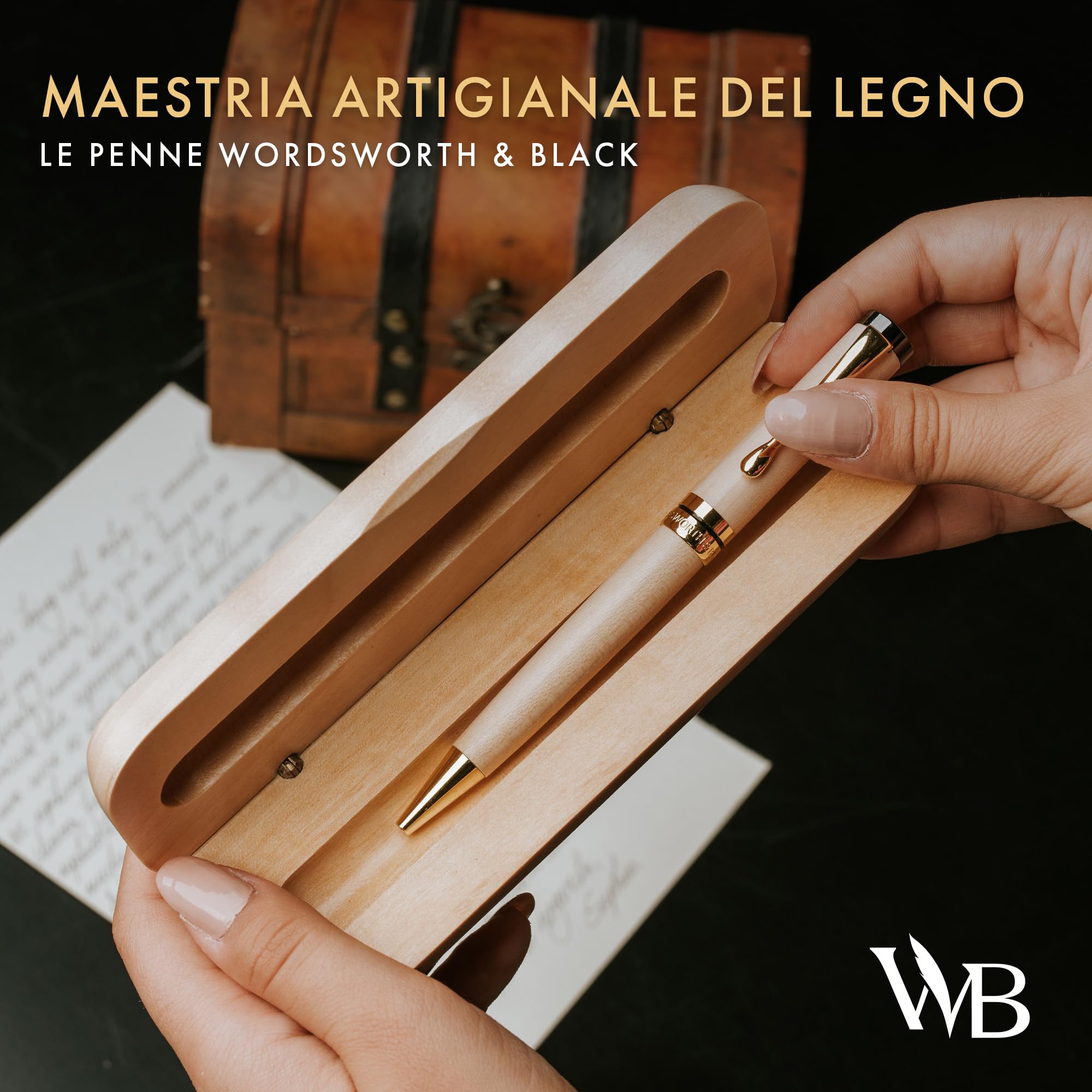 Wordsworth and Black Ballpoint Pen Set - Penna di lusso mozzafiato in bambù acero, finitura oro, ricaricabile, miglior penna per uomini & donne, ricarica d'inchiostro